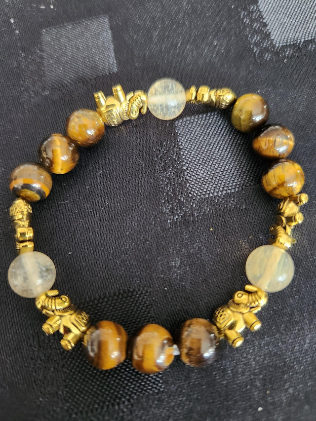 TIGERS EYE AND CITRINE WITH GOLD COLOURED ELEPHANTS 