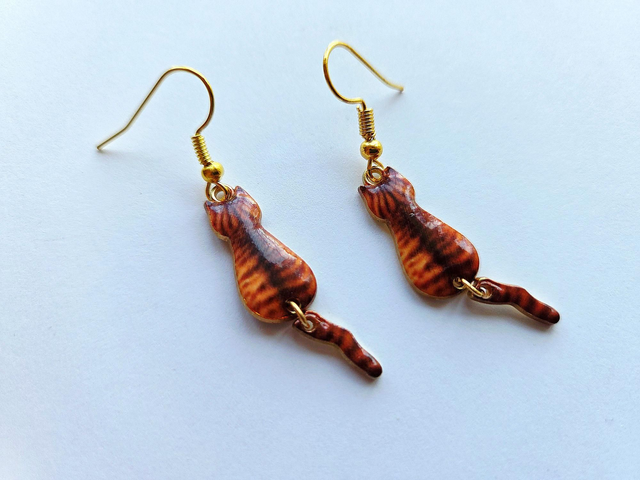 'Ginger Tabby Cat' Waggly Tail Earrings Gold Plated (nickel free) 