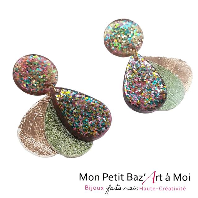 Boucles d'oreilles Paon GM rose poudré vert d'eau