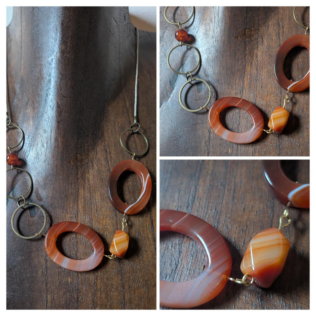 Collier agate orange aux jolis reflets (pierres naturelles) monté sur fil de lin réglable avec chaîne d'extension, pièce unique 