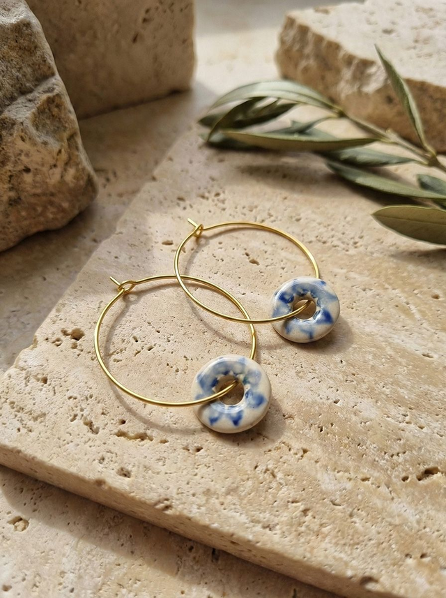 Blue Leaves Loop Ceramic Earrings