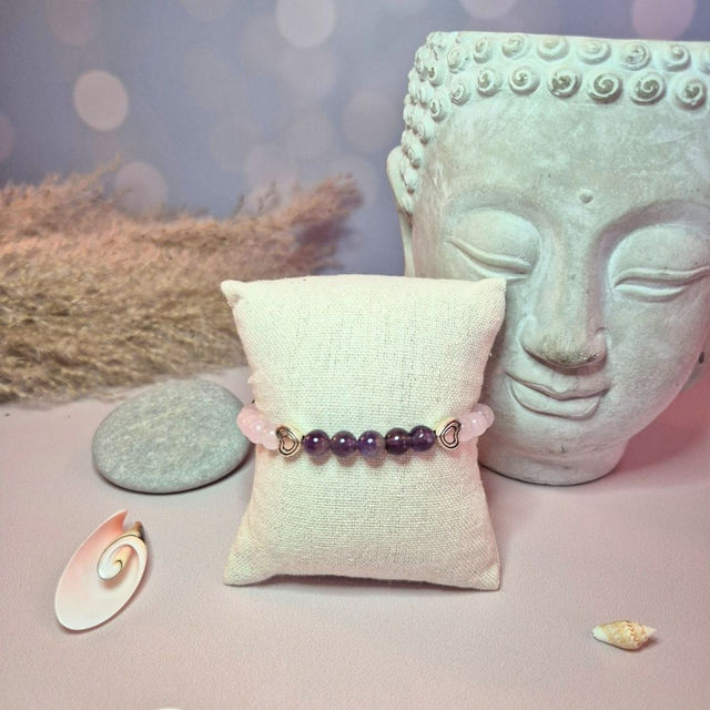 Bracelet élastique CŒUR NOMADE – Kunzite &amp; Améthyste naturelles du Brésil
