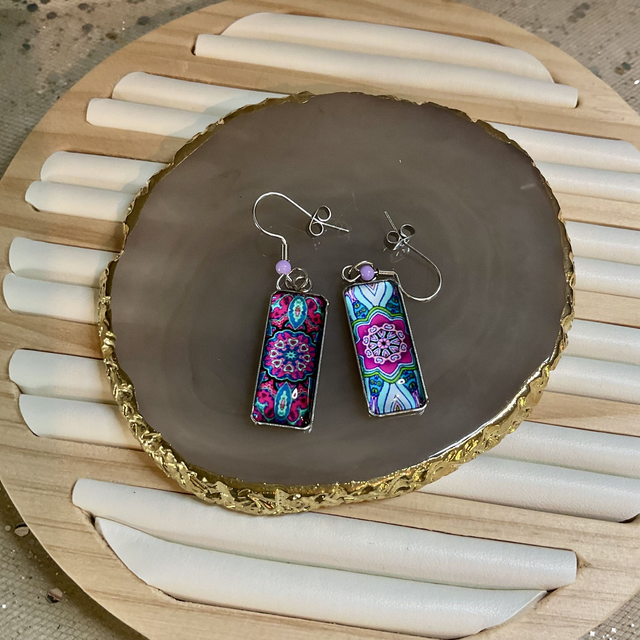 Handmade cabochon earrings. Beautiful asymmetrical mandala design.