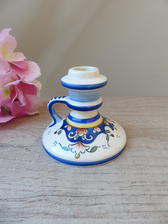 Bougeoir Ancien en Faïence de Rouen – Peint à la Main – Décor Floral – Porte-Bougie Mural avec Poignée – Style Romantique et Bohème