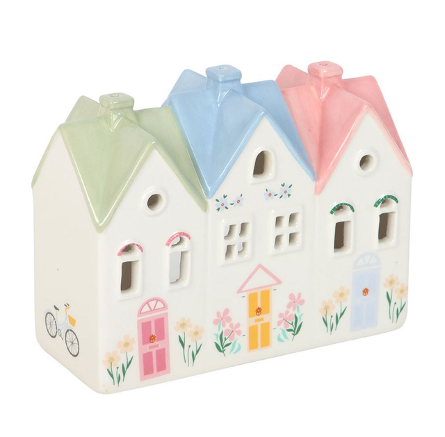 Quemador de incienso en cono y portavelas en forma de casitas