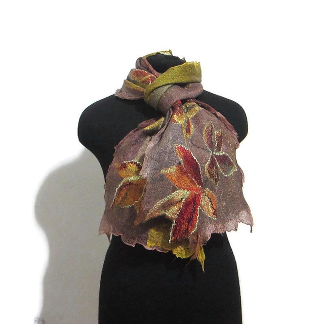 Sciarpa feltro lana merino seta Sciarpa artistica Caldo lunga oro marrone Infeltrimento fatto a mano