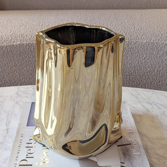 Vega Paper Bag Style Gold Ceramic Vase 