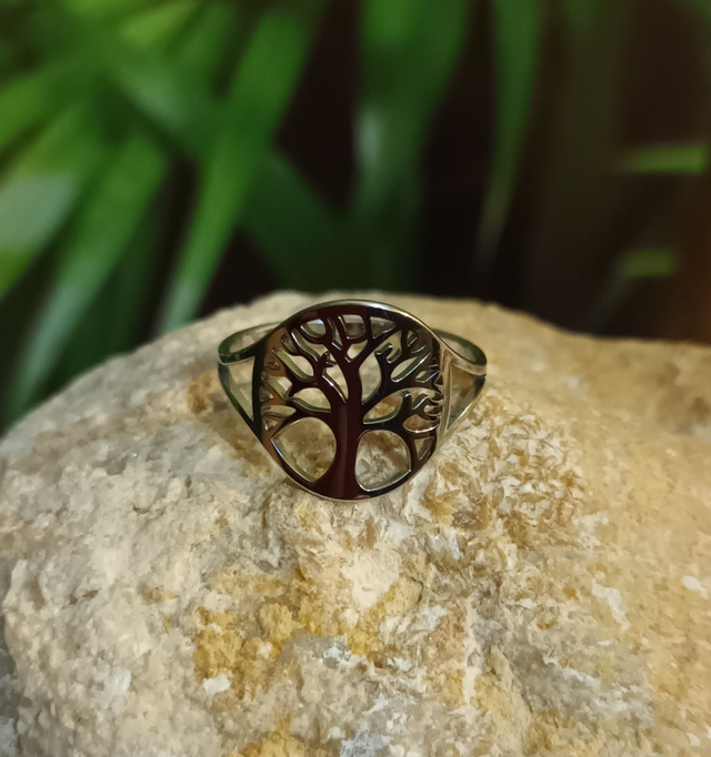 Bague ajustable arbre de vie argent en acier inoxydable