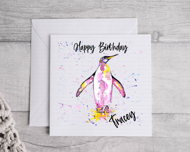 Personalised Watercolour Splatter Penguin Card