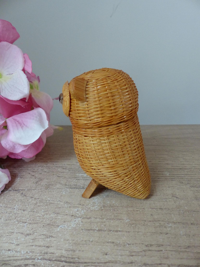 Petite Boîte Hibou en Osier Tressé – Vintage et Fait Main – Rangement Bijoux ou Déco Naturelle