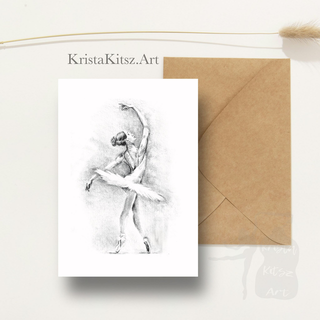 Ansichtkaart Ballerina tekenkunst, inclusief envelop craft, van originele tekening 