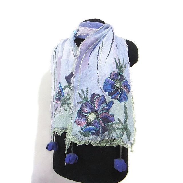 Sciarpa artistica infeltrita lana merino seta Sciarpa donna lunga calda lavanda fiori viola feltro fatto a mano regalo unico per le donne