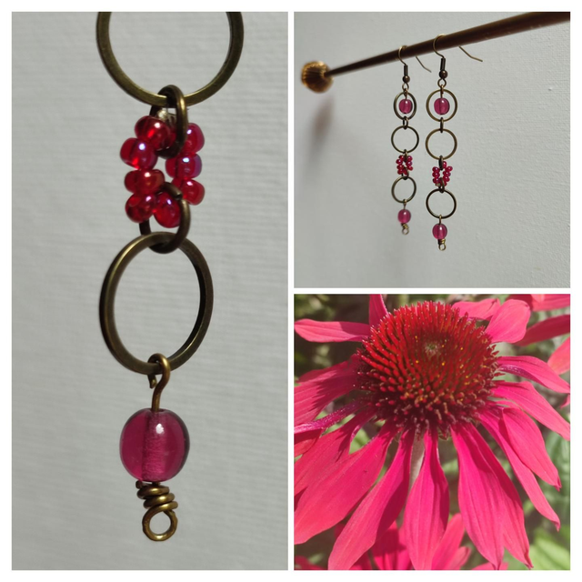 Boucles d'oreilles longues verre rose fushia et anneaux bronze sans nickel, pièce unique 