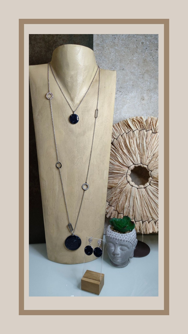 Parure collection 2 en 1 bleu nuit rond/argenté 