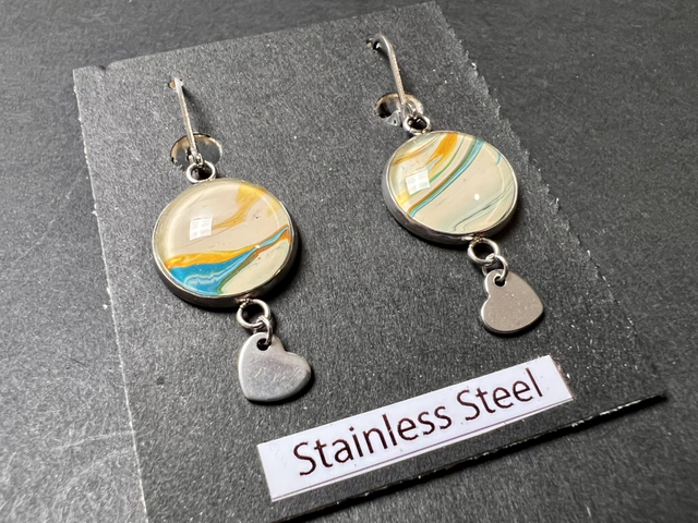 Cream & Turquoise Heart Dangle Earrings | Stainless Steel