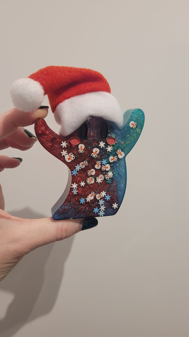 Christmas Ghost Ornament - with Santa Hat, Snowflakes & Snowmen – Red & Teal – Limited Edition Festive Shelf Decor