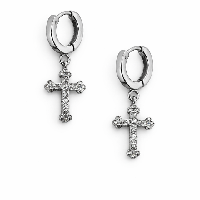 Argollas acero plateado cruz brillo 