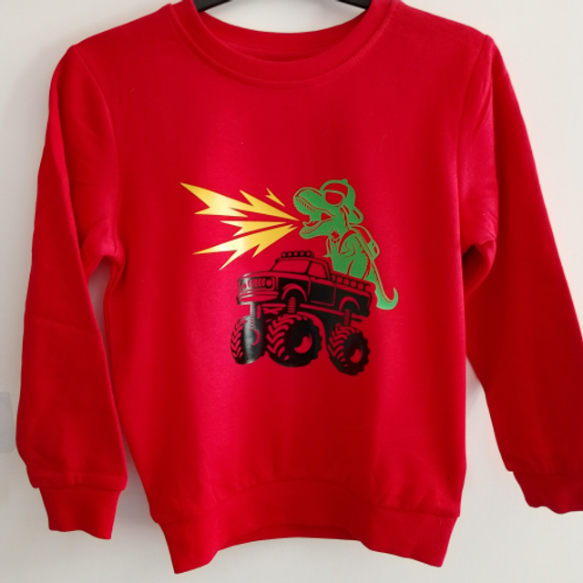 Boys Dino Monster Truck Graphic Red Jumper - Boys Jumper - Boys Sweatshirt - Boys Sweater - Age 4-6 Years (Height 110-116)
