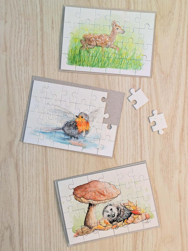 Puzzle 24 pièces hérisson, rouge-gorge ou faon, dès 3 ans