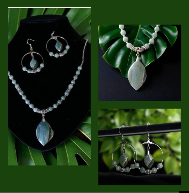 4Parure Jaspe vert imprimé et jade de Birmanie -- Harmonie du Corps et de l’Esprit
