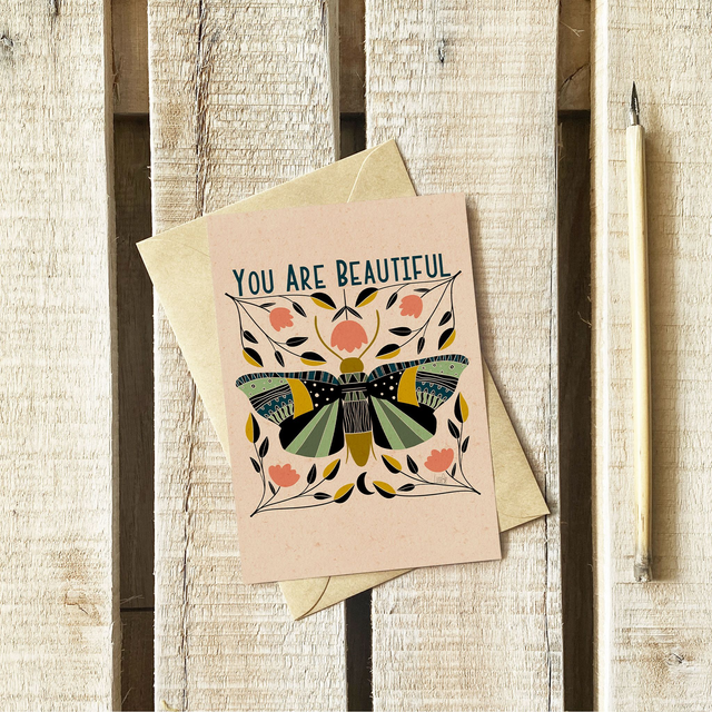 Carte Papillon Folk "You are beautiful" | Enveloppe kraft | A6