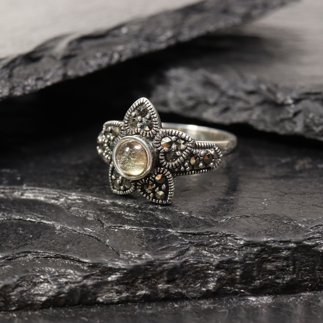 Vintage Sterling Silver 925 Art Deco Style White Round Cabachon Cut Clear Tourmaline With Marcasite Gemstone Star Design Ring Size O - 7