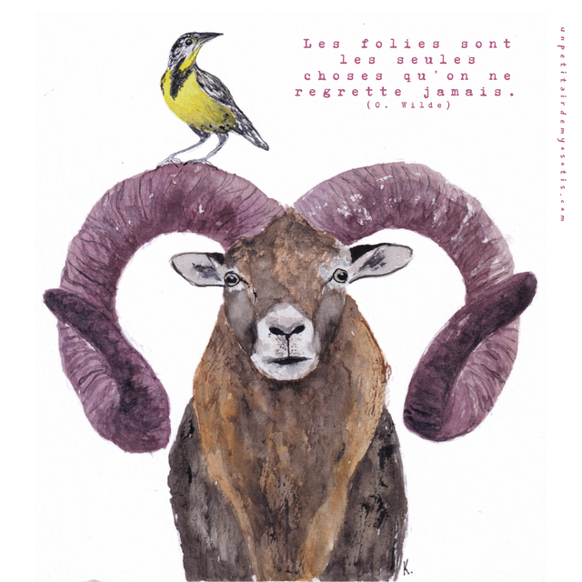 Carte postale &quot;Les folies&quot; - Mouflon et oiseau