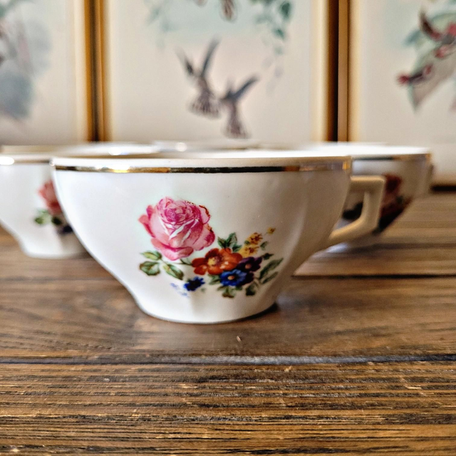 Tasses à café/thè vintage en porcelaine, motif floral (rose et fleurs)