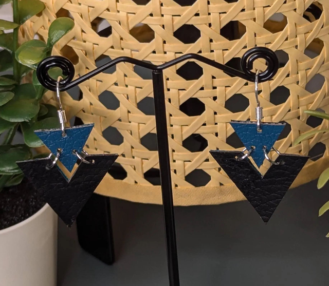 Boucles d&#039;oreilles en similicuir, double face tissus enduit, bleu et noir, fermoir argent 925