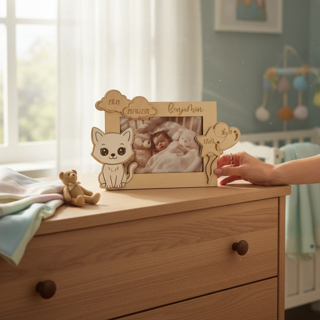 Cadre photo personnalisé en bois gravé – décor animal peint pour enfant