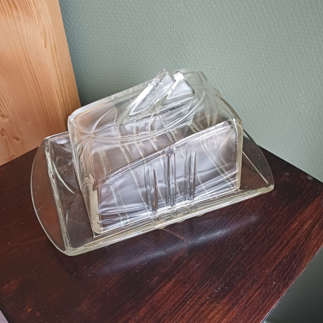 Leerdam Glasfabriek | Kaasstolp op onderplaat Twee handgrepen Ontwerp Andries Copier Art Deco 1930&#039;s stijl Bewerkt Glas 2 delig | Vintage