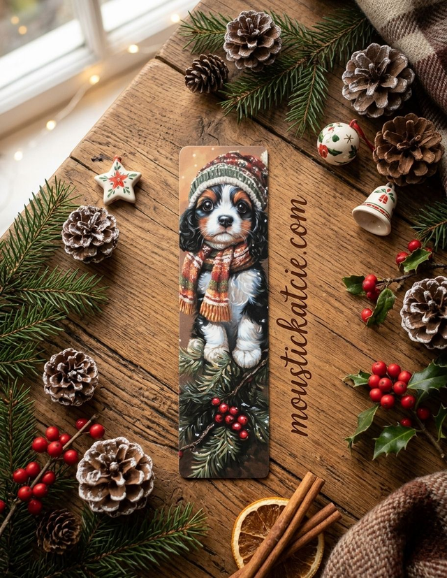 Marque-page Chiot Bonnet Hiver en Papier Cartonné – Accessoire de Lecture Festif