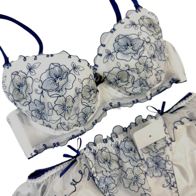 Navy blue and white Japanese Bra + Underwear Set UK 30B 