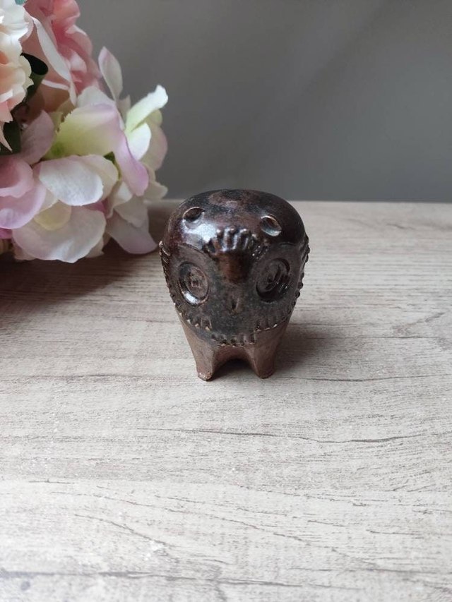 Ancien et rare Figurine sculpture chouette hibou en grès marron zoomorphe poterie Vintage