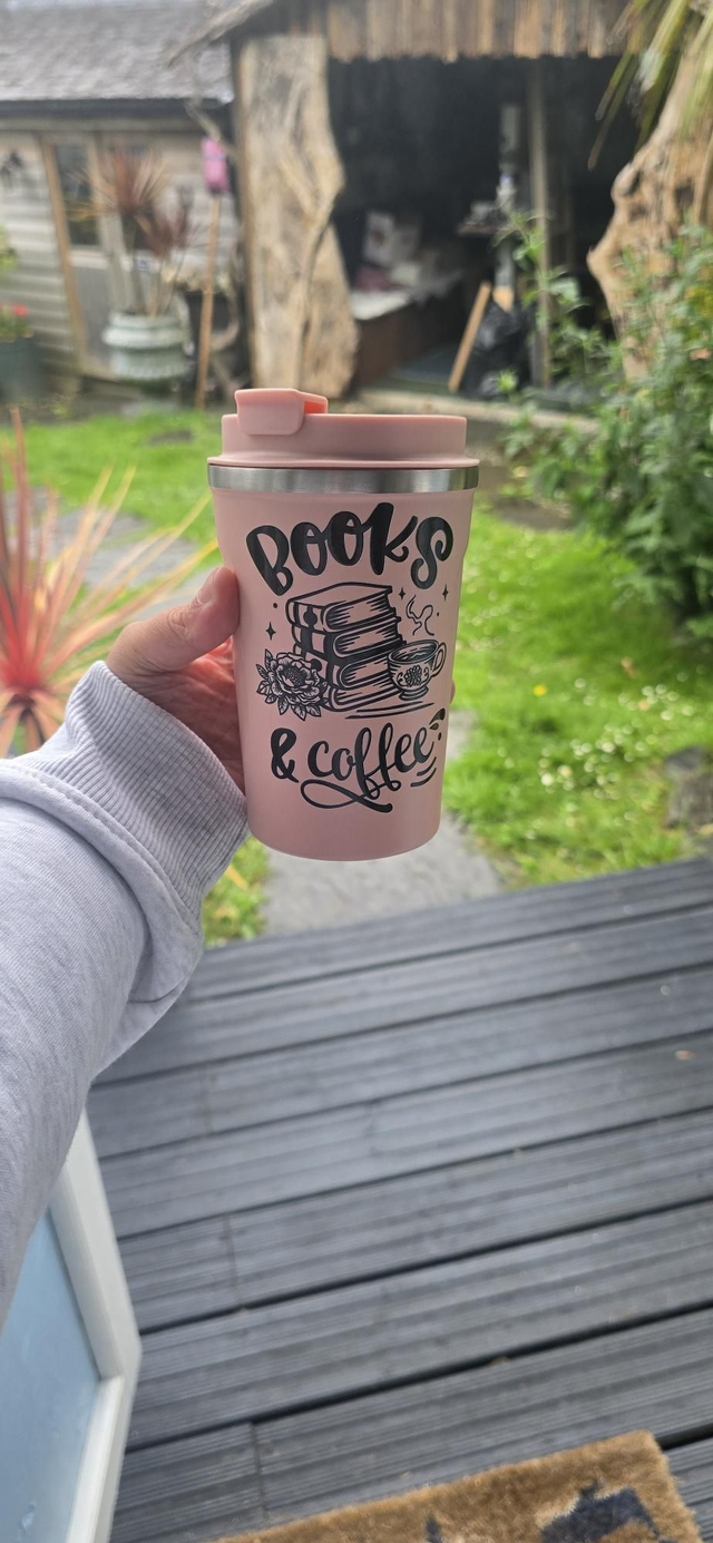 Coffee Tumbler – “Books & Coffee” Design (Pink)