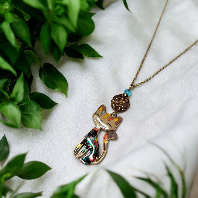 Collier acier inoxydable et cristal marron et bleu chat