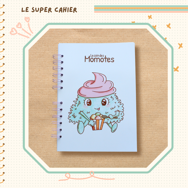 Cahier reliure spirale illustré d'une onctueuse momote