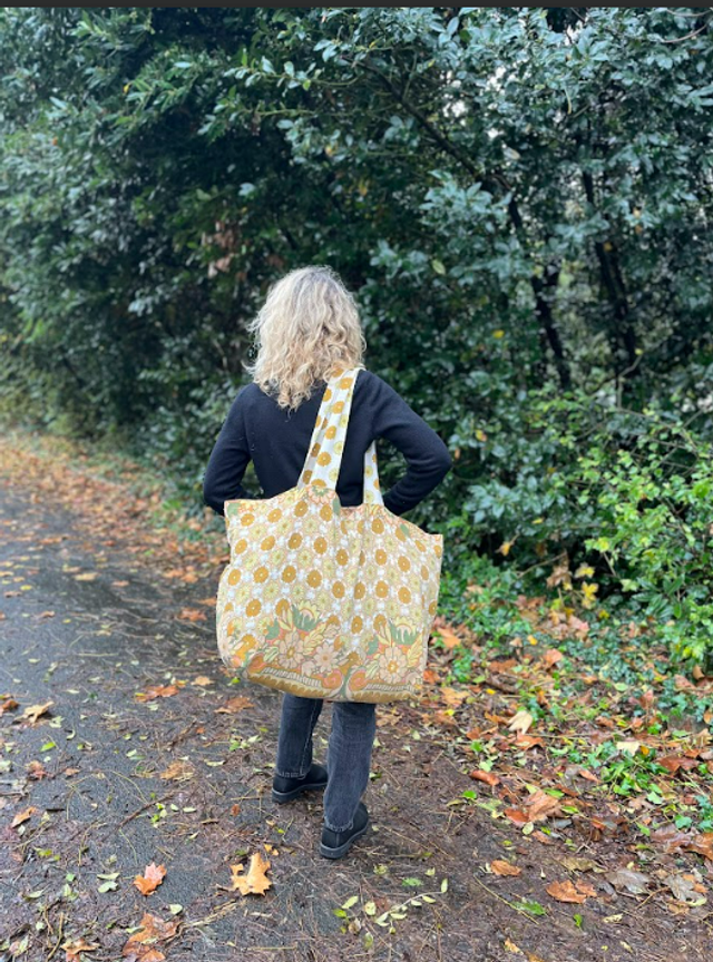 Super Bag vintage vert et moutarde motif fleurs