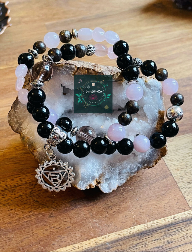 Double Bracelet en Quartz rose-Onyx -Quartz fumé et Bronzite 