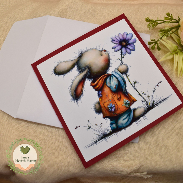 Whimsical Bunny 5 x 5 Card | Purple Flower Illustration on Deep Red Base