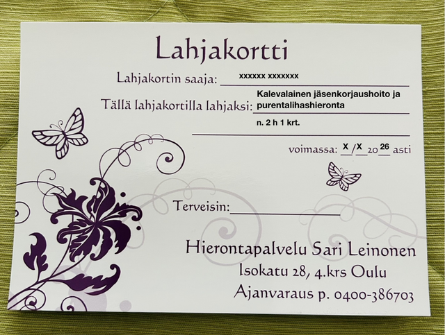 Lahjakortti kalevalainen jäsenkorjaushoito ja purentalihashieronta