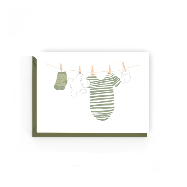 Green Baby Washing Line - Illustrated New Baby Card 