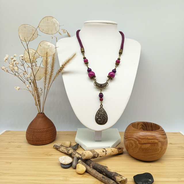 Parure aubergine et bronze - Collier ras de cou Goutte