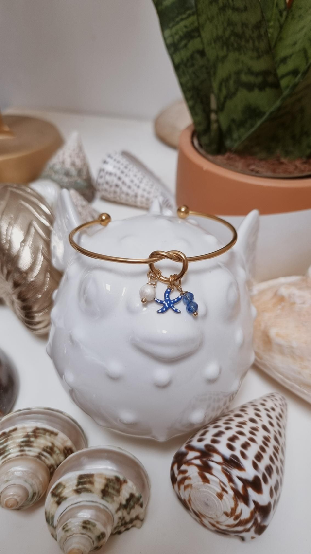 Jonc acier doré - étoile de mer bleue