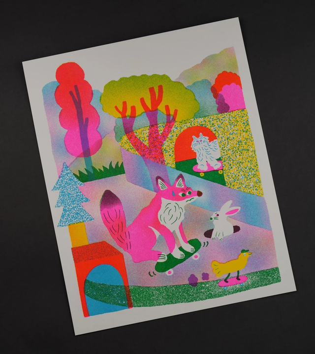 Skateboard Fox Cat Rabbit Bird 10x8 Risograph Wall Art