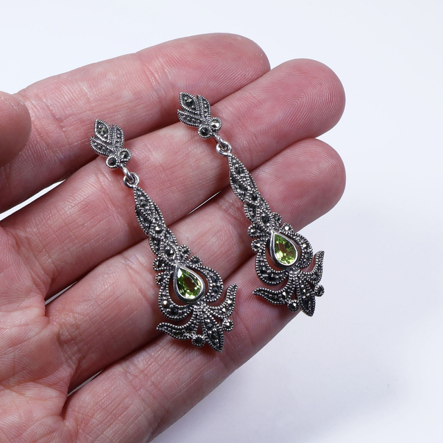 Art Nouveau Style Sterling Silver 925 Pear Cut Green Peridot Marcasite Gemstone August Birthstone Ornate Arrow Design Drop Earrings