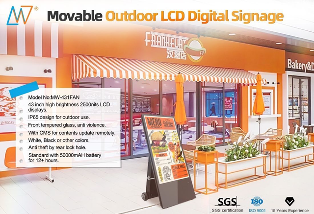 43" Outdoor 2500nits high-brightness LCD-display, 50.000mAh battery for 12+ hours, anti-theft lock hole, IP65