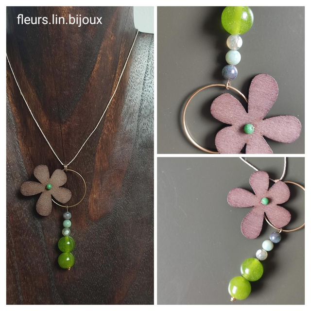 Z-Collier fleur en bois de noyer : perles verre vert et agate mousse (pierres naturelles) monté sur fil de lin réglable avec chaîne d&#039;extension dorée 