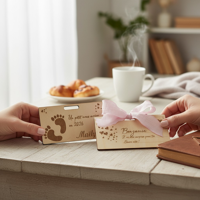 Carte cadeau enveloppe surprise annonce grossesse Petits petons, en bois gravé