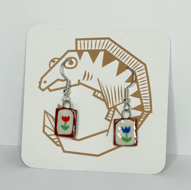 Earrings Red and Blue Flowers